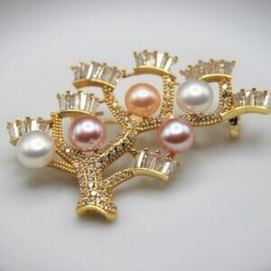 Luxurious Freshwater Pearl Tree Brooch Multi-Bead Cubic Zirconia Gold Plated NWT